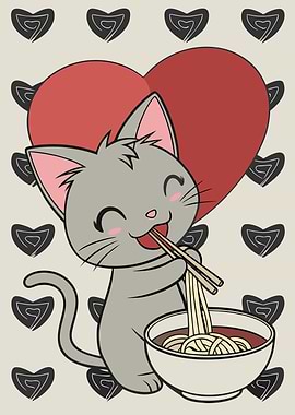Cute Cat Eating Noodles Illustration