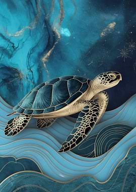 Elegant Sea Turtle in Blue and Gold
