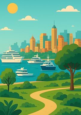 Cityscape with Yachts and Park