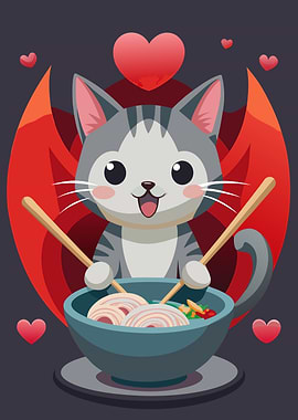 Cute Cat Eating Ramen with Chopsticks