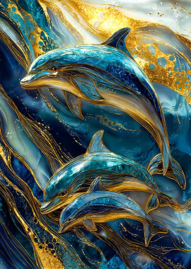 Abstract Elegant Dolphins in Blue and Gold
