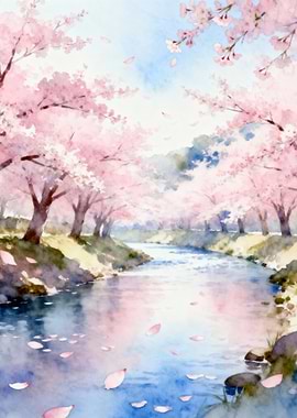 Watercolor Cherry Blossom River Landscape