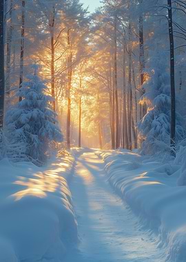 Winter Forest Path with Sunlight