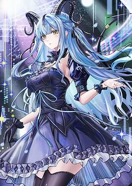 Anime Girl with Horns and Blue Hair