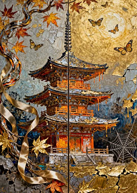 Japanese Pagoda with Autumn Leaves and Butterflies