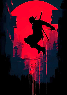 Ninja Silhouette in Red Cityscape