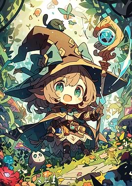 Cute Anime Witch in Forest Illustration