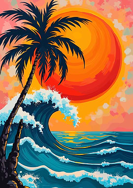 Tropical Beach Wave Palm Tree Sunset