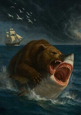 Bear-Shark Hybrid in Ocean Painting