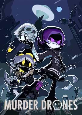 Murder Drones characters in a dark setting