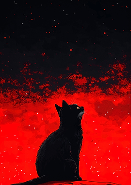 Black Cat Gazing at Red Sky
