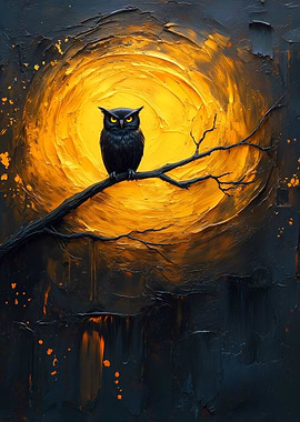 Owl Perched on Branch, Full Moon