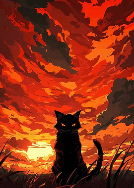 Black Cat Silhouette Against Fiery Sky