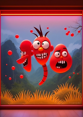 Cartoonish Red Characters in Landscape