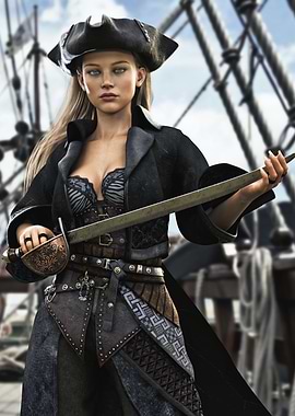 Female Pirate Captain with Sword on Ship