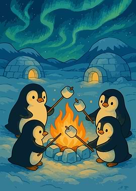 Penguins Roasting Marshmallows Pixel Art