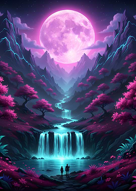 Fantasy Landscape with Waterfall and Moon
