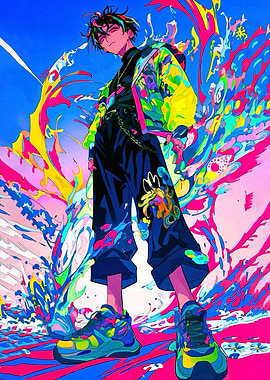 Colorful Anime Character with Abstract Background