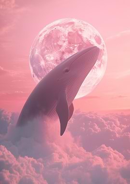 Whale in the Pink Clouds with Moon