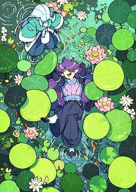 Cartoon characters in a lily pond