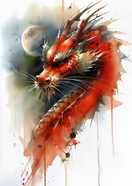 Watercolor Dragon Portrait with Moon