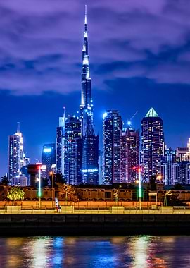 Dubai Skyline at Night with Burj Khalifa