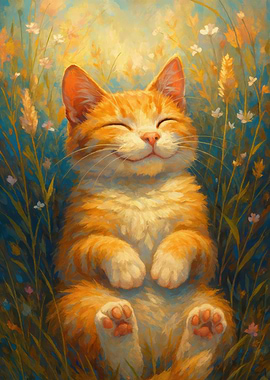 Happy Cat in Field Painting