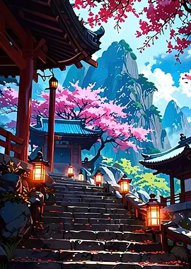 Japanese Temple with Cherry Blossoms