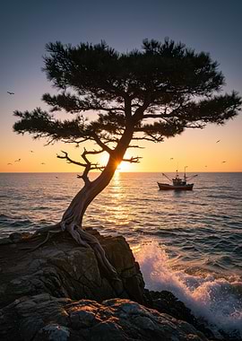 Coastal Tree at Sunset with Fishing Boat