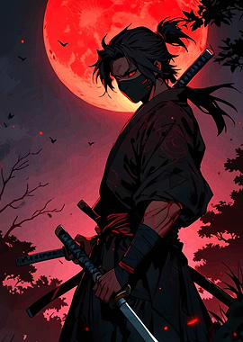 Ninja Warrior with Red Moon