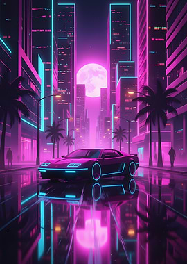 Neon Cityscape with Car Reflection