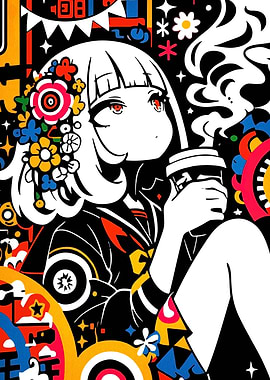 Anime Girl with Coffee, Colorful Background