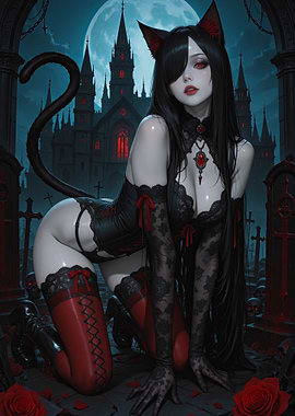 Black Cat Girl in Gothic Setting
