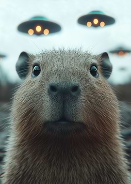 Capybara with UFOs in the background