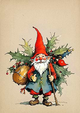 Watercolor Christmas Gnome with Holly