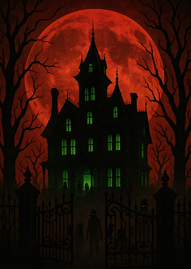 Halloween Haunted House Red Moon