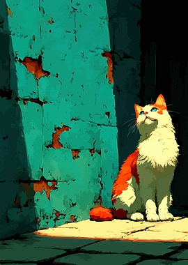 Cat by a weathered turquoise wall
