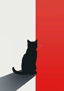 Minimalist Cat Silhouette on Red and White