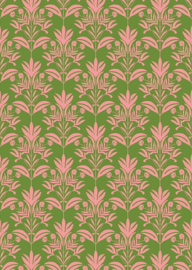Pink Floral Pattern on Green Background