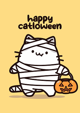 Happy Catloween Mummy Cat with Pumpkin