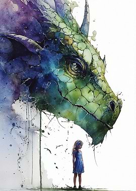 Watercolor Dragon and Girl