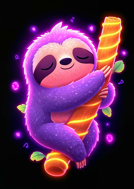Neon Sloth Hugging a Glowing Branch