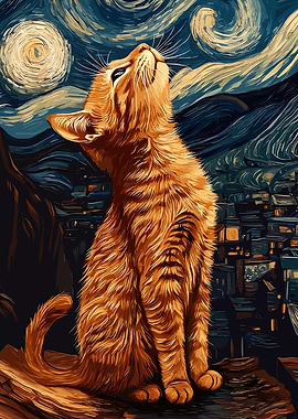 Cat Gazing at Starry Night
