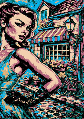Retro Woman in European Town Painting