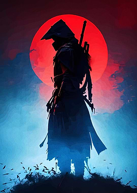 Silhouette of a Warrior with Red Moon