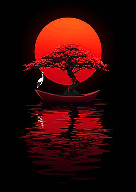 Red Sunset Boat with Tree and Crane