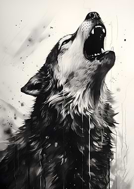 Monochrome Howling Wolf Art