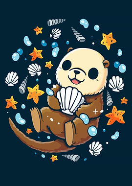 Cartoon Otter with Seashells and Starfish