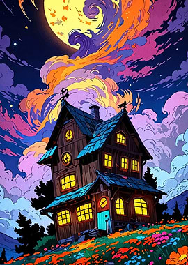 Whimsical House Under a Colorful Moon