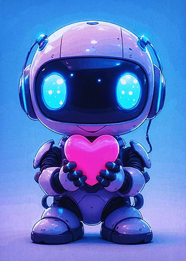 Cute Robot Holding a Pink Heart